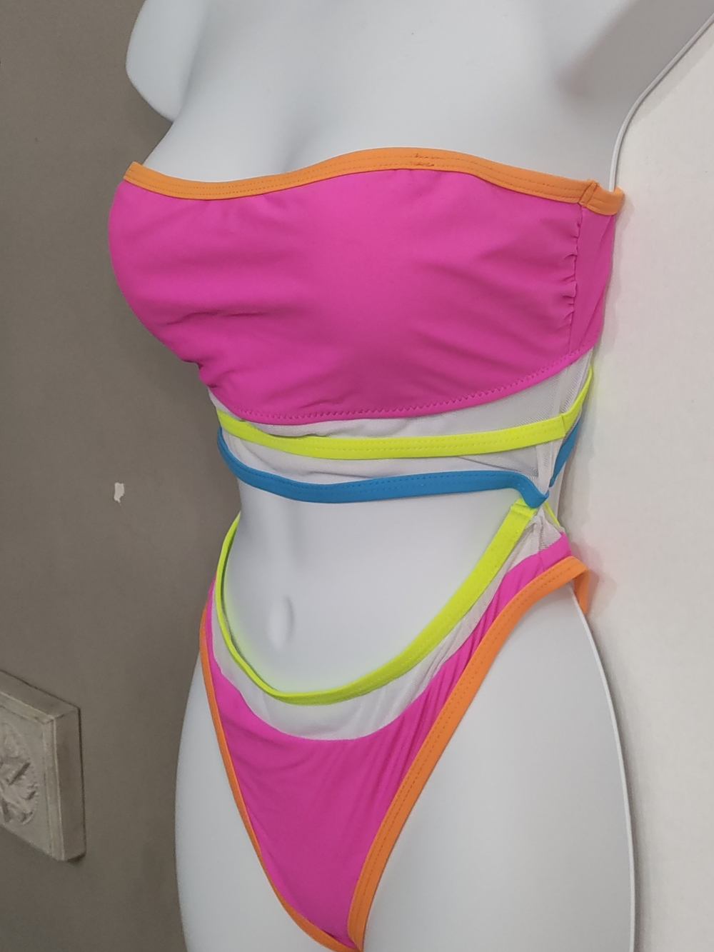 Neon Cutout Bandeau Two-Piece Swimwear - Pink & Neon Accents